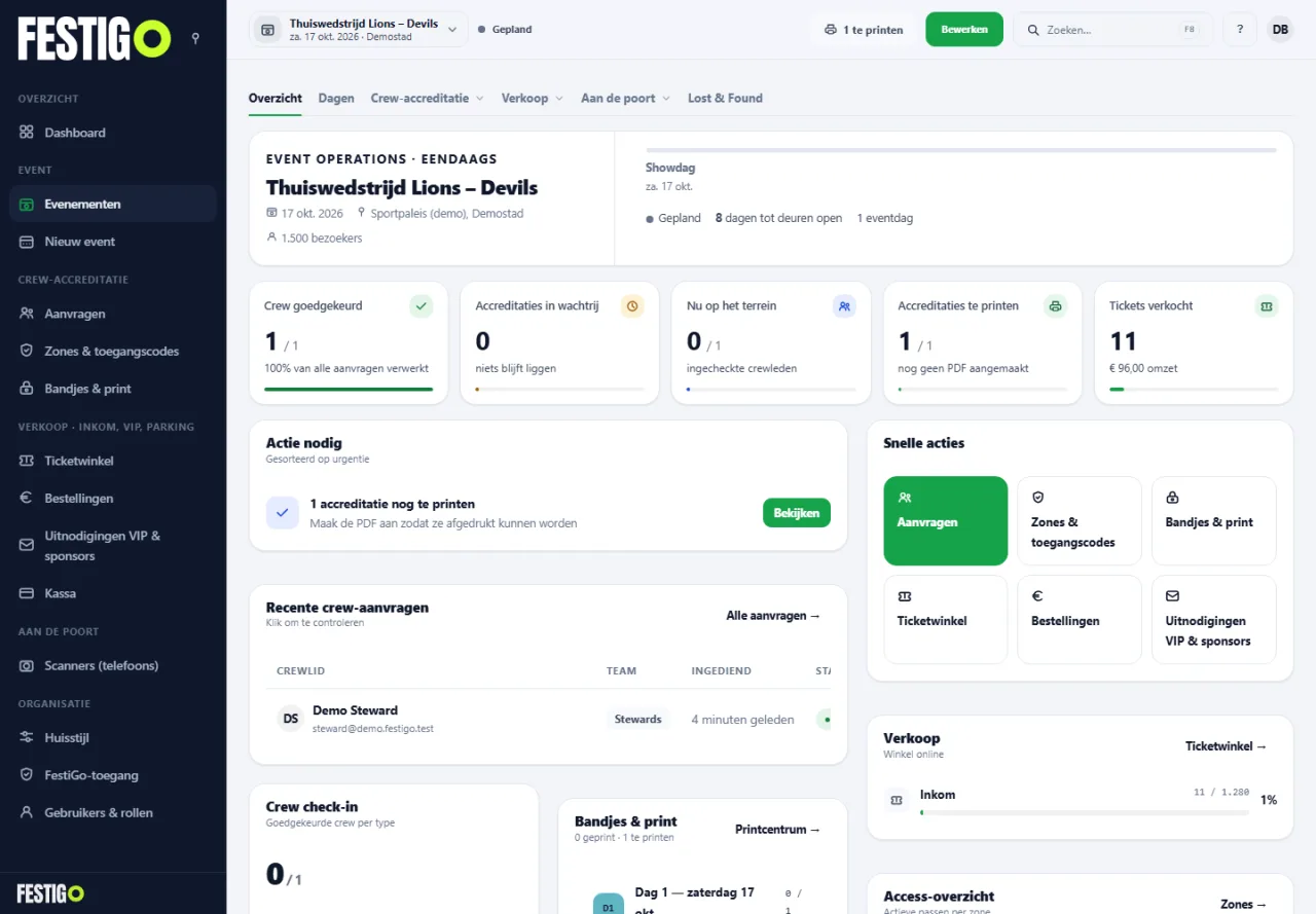 Het dashboard van een thuiswedstrijd in FestiGo