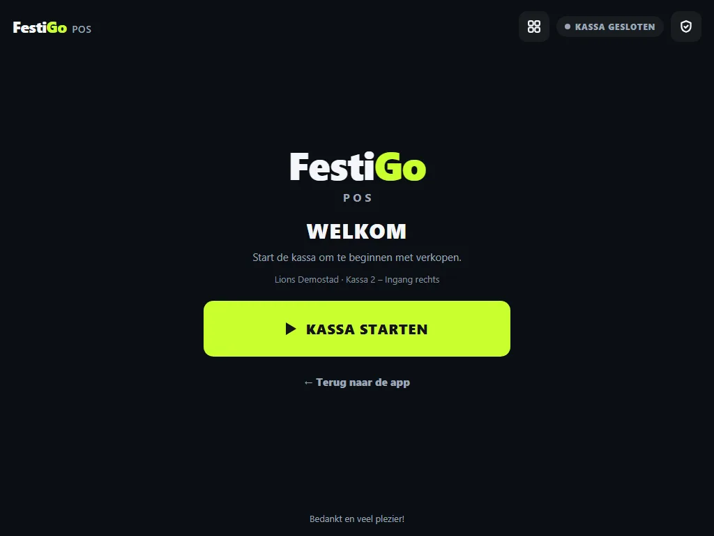 Welkomstscherm van de kassa met de knop Kassa starten