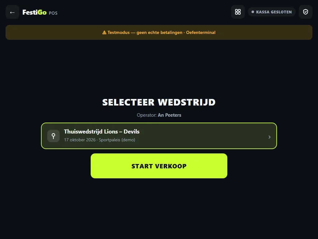 Keuze van de wedstrijd waarvoor de kassa opent