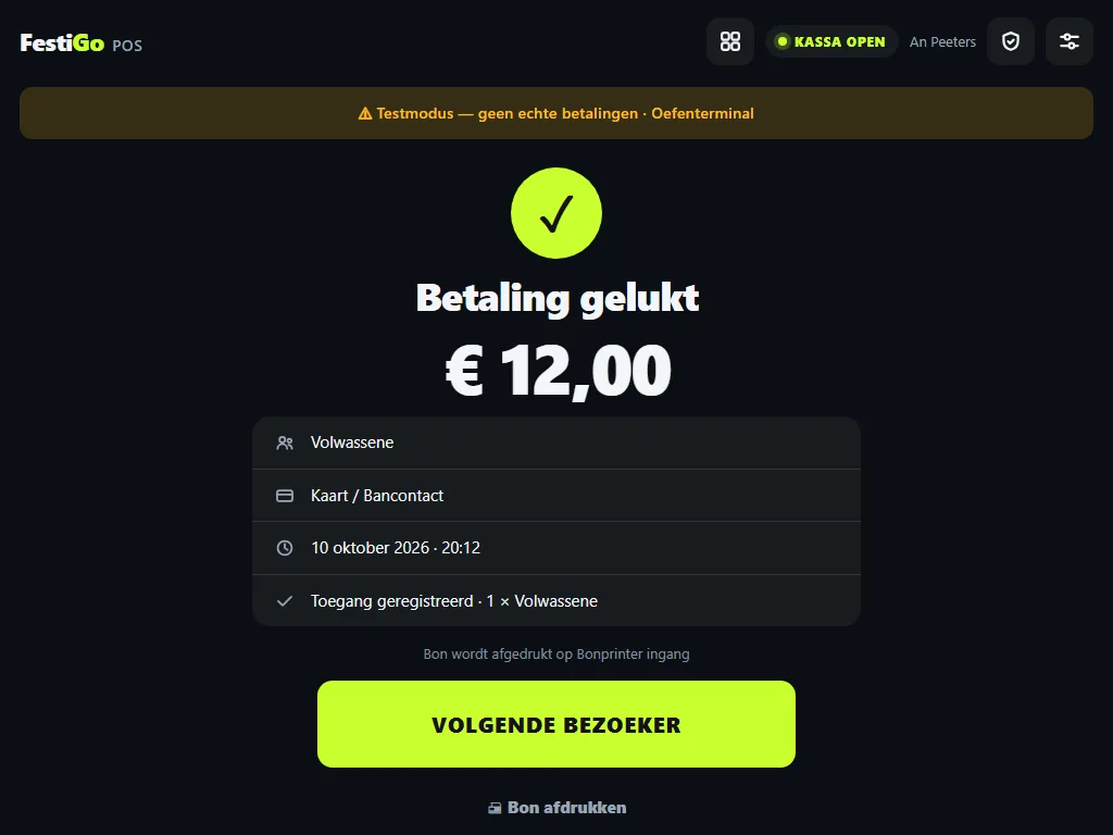 Bevestiging Betaling gelukt met het bedrag en de bon